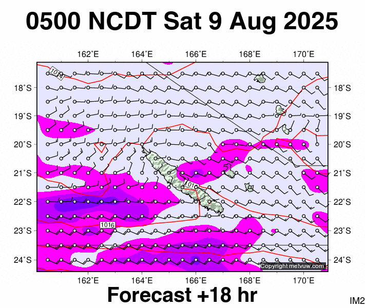 New Caledonia forecast chart for Friday, August 8th, 2025 at 6:00 PM