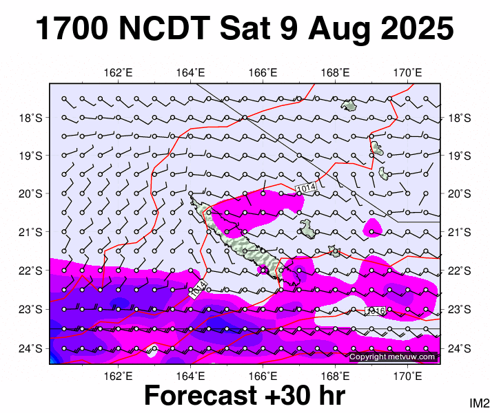 New Caledonia forecast chart for Saturday, August 9th, 2025 at 6:00 AM