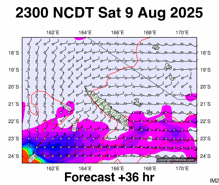 New Caledonia forecast chart for Saturday, August 9th, 2025 at 12:00 PM