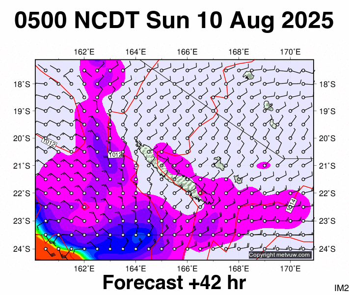 New Caledonia forecast chart for Saturday, August 9th, 2025 at 6:00 PM
