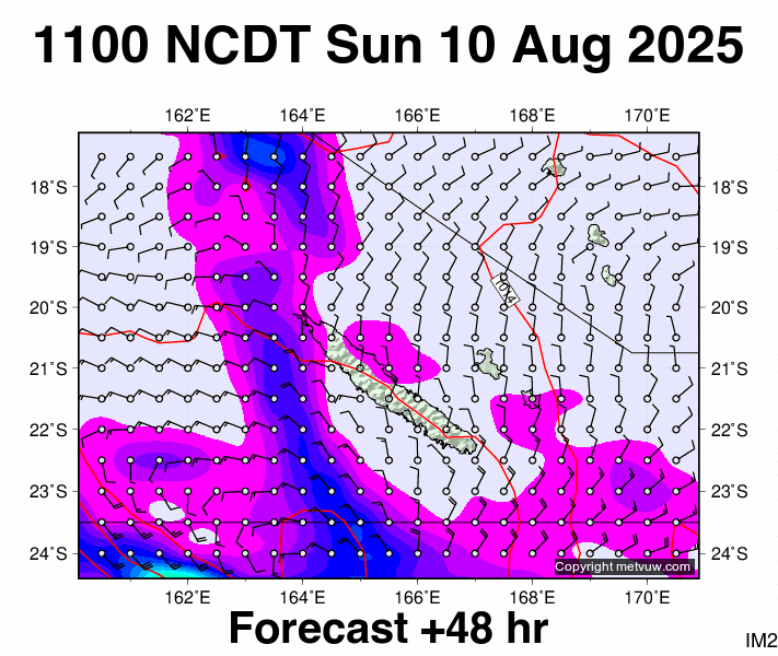 New Caledonia forecast chart for Sunday, August 10th, 2025 at 12:00 AM