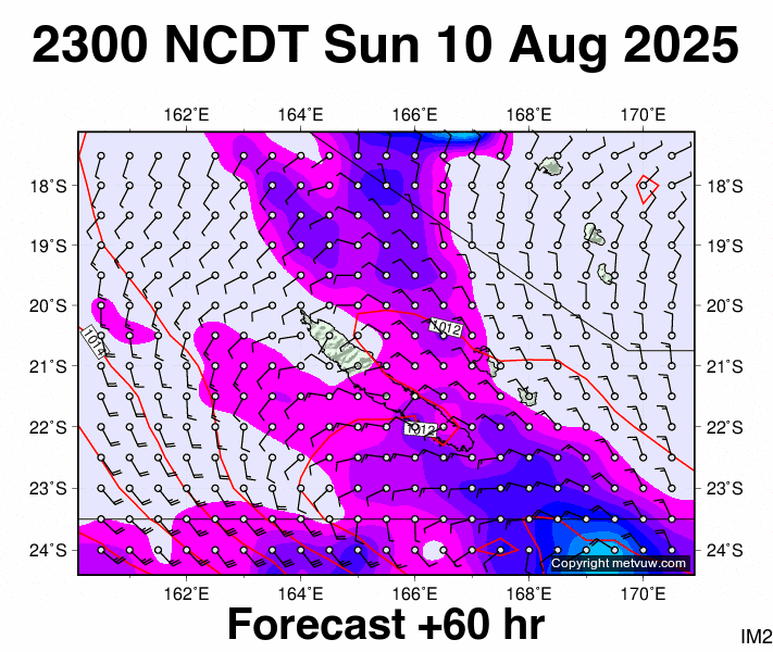 New Caledonia forecast chart for Sunday, August 10th, 2025 at 12:00 PM