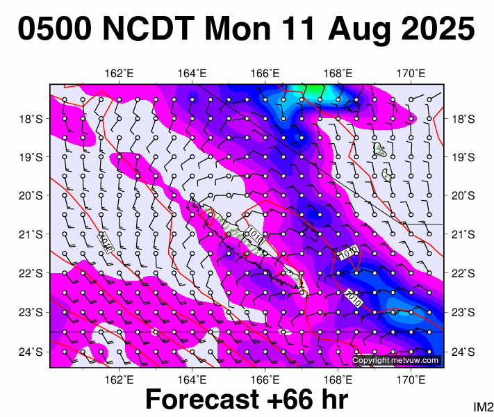 New Caledonia forecast chart for Sunday, August 10th, 2025 at 6:00 PM