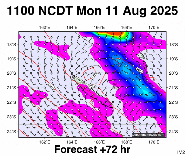 New Caledonia forecast chart for Monday, August 11th, 2025 at 12:00 AM