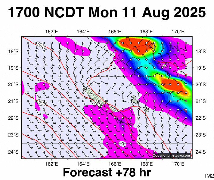New Caledonia forecast chart for Monday, August 11th, 2025 at 6:00 AM