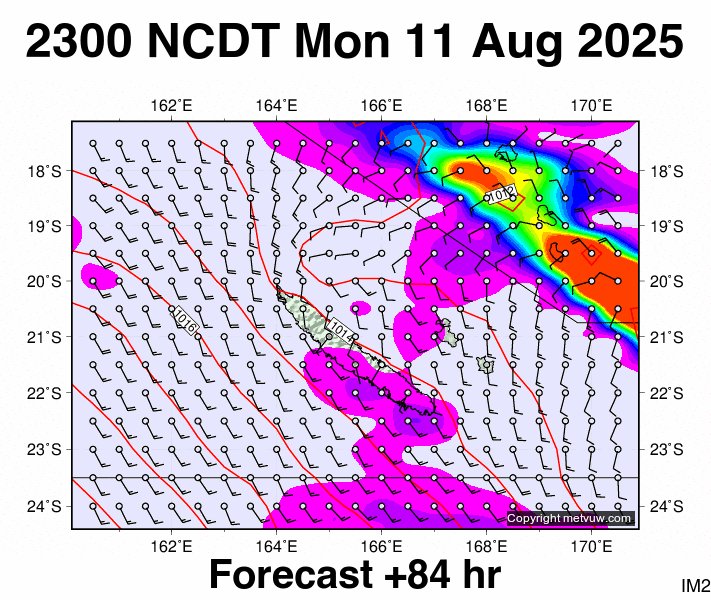 New Caledonia forecast chart for Monday, August 11th, 2025 at 12:00 PM