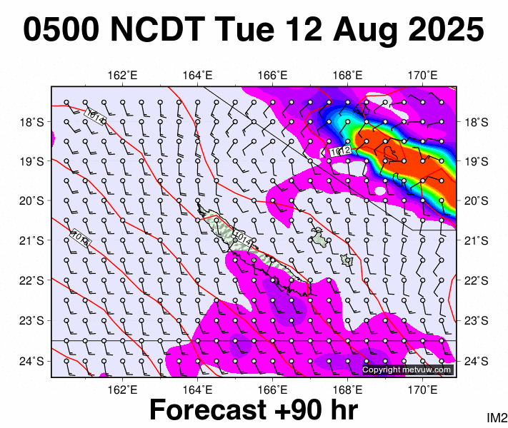 New Caledonia forecast chart for Monday, August 11th, 2025 at 6:00 PM