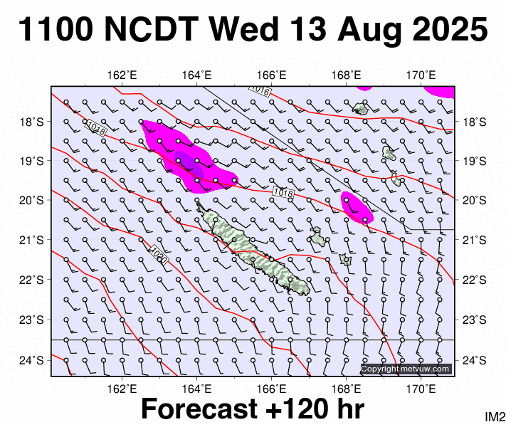 New Caledonia forecast chart for Wednesday, August 13th, 2025 at 12:00 AM
