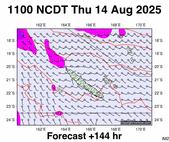 New Caledonia forecast chart for Thursday, August 14th, 2025 at 12:00 AM