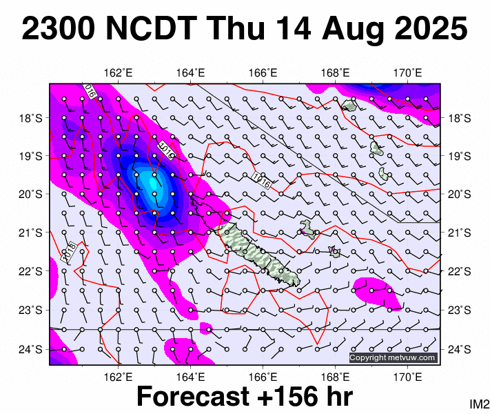New Caledonia forecast chart for Thursday, August 14th, 2025 at 12:00 PM
