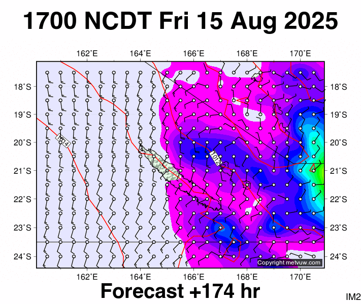 New Caledonia forecast chart for Friday, August 15th, 2025 at 6:00 AM