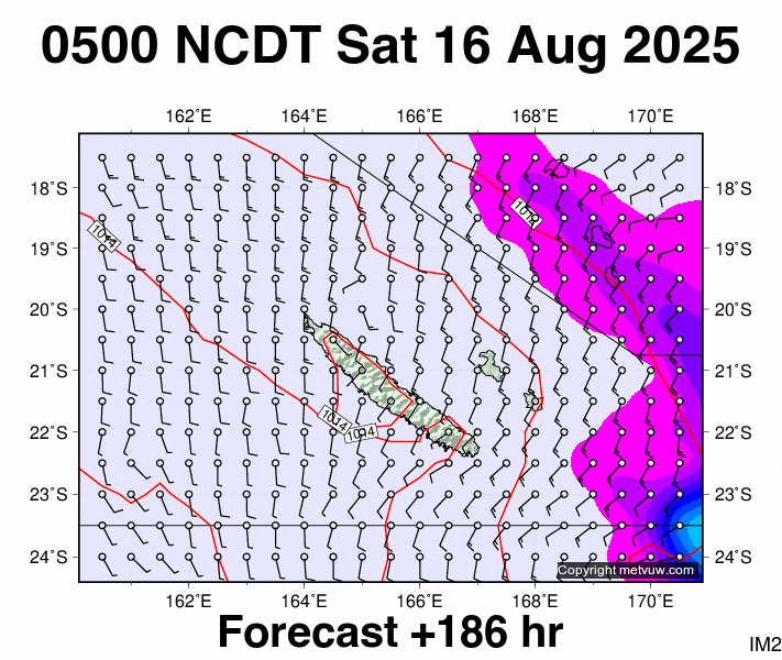 New Caledonia forecast chart for Friday, August 15th, 2025 at 6:00 PM