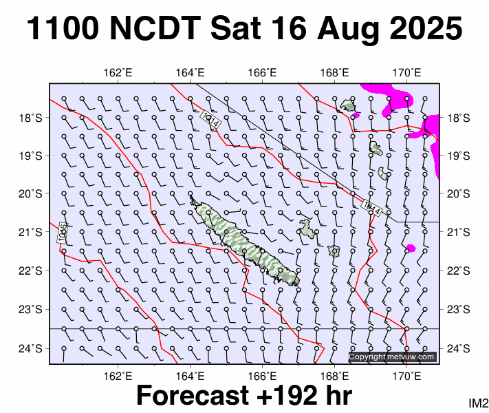 New Caledonia forecast chart for Saturday, August 16th, 2025 at 12:00 AM