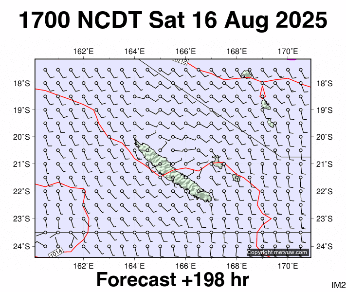 New Caledonia forecast chart for Saturday, August 16th, 2025 at 6:00 AM