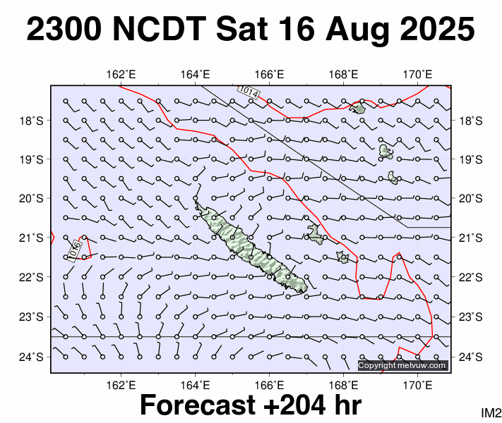 New Caledonia forecast chart for Saturday, August 16th, 2025 at 12:00 PM