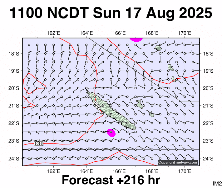 New Caledonia forecast chart for Sunday, August 17th, 2025 at 12:00 AM