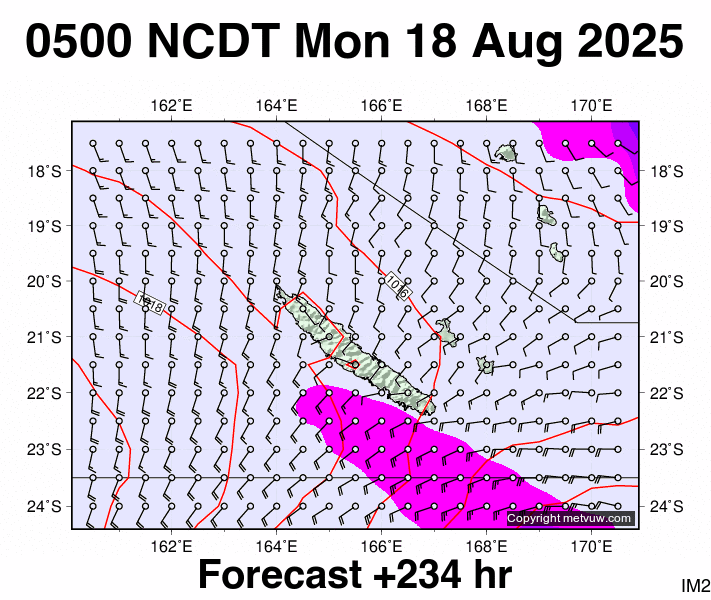New Caledonia forecast chart for Sunday, August 17th, 2025 at 6:00 PM