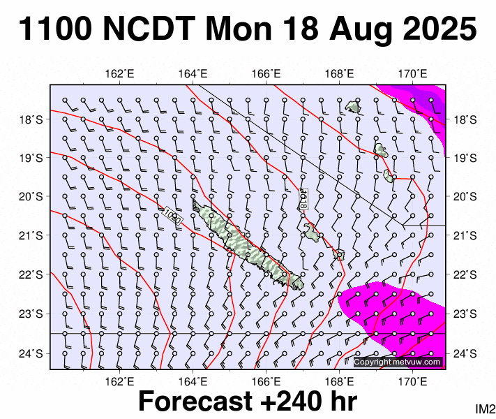 New Caledonia forecast chart for Monday, August 18th, 2025 at 12:00 AM