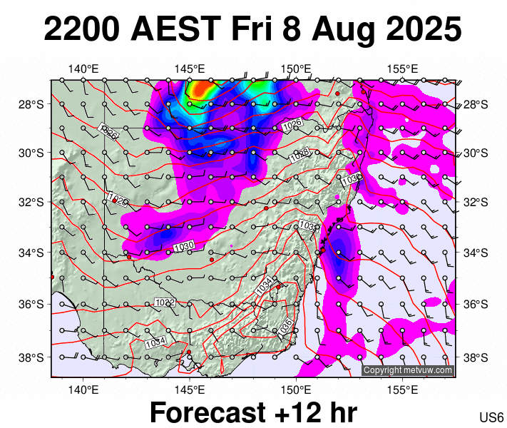 New South Wales forecast chart for Friday, August 8th, 2025 at 12:00 PM