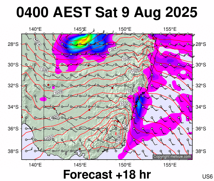 New South Wales forecast chart for Friday, August 8th, 2025 at 6:00 PM