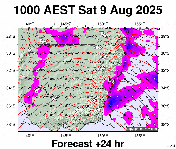 New South Wales forecast chart for Saturday, August 9th, 2025 at 12:00 AM