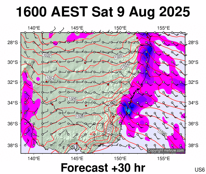 New South Wales forecast chart for Saturday, August 9th, 2025 at 6:00 AM
