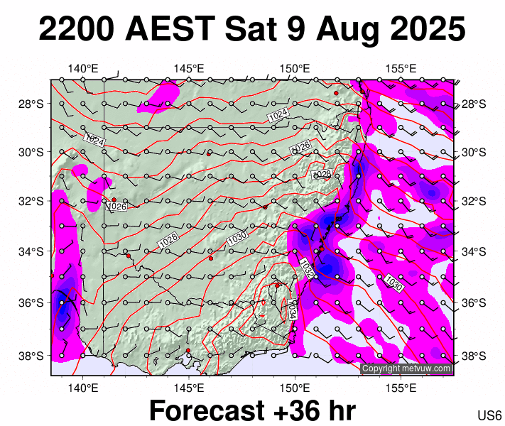 New South Wales forecast chart for Saturday, August 9th, 2025 at 12:00 PM