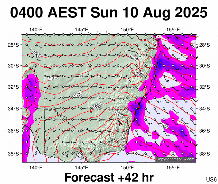 New South Wales forecast chart for Saturday, August 9th, 2025 at 6:00 PM