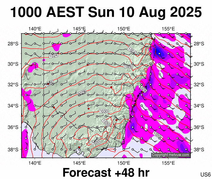 New South Wales forecast chart for Sunday, August 10th, 2025 at 12:00 AM