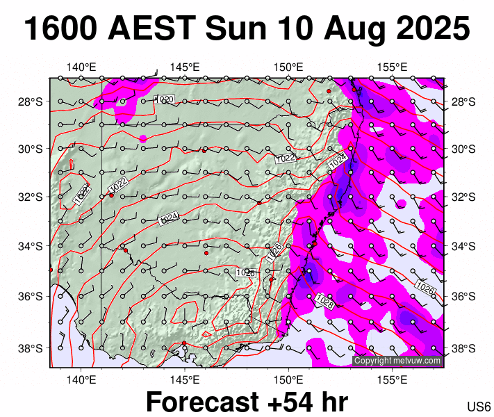 New South Wales forecast chart for Sunday, August 10th, 2025 at 6:00 AM