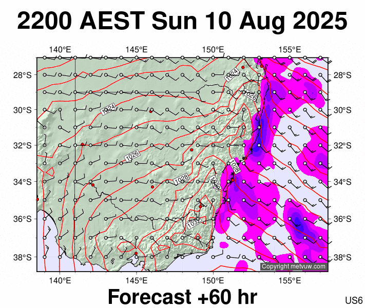 New South Wales forecast chart for Sunday, August 10th, 2025 at 12:00 PM