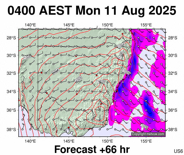 New South Wales forecast chart for Sunday, August 10th, 2025 at 6:00 PM
