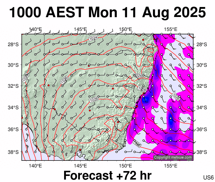 New South Wales forecast chart for Monday, August 11th, 2025 at 12:00 AM