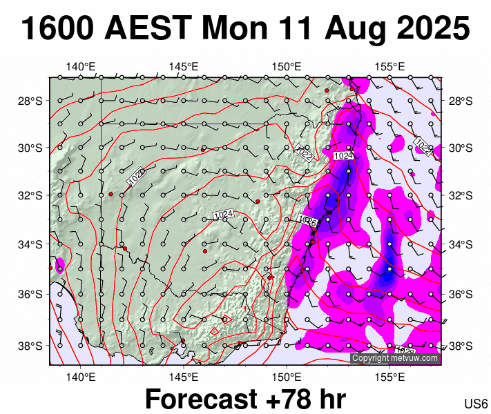 New South Wales forecast chart for Monday, August 11th, 2025 at 6:00 AM