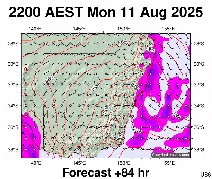 New South Wales forecast chart for Monday, August 11th, 2025 at 12:00 PM