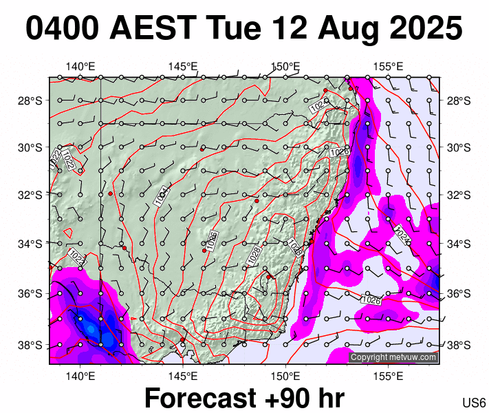 New South Wales forecast chart for Monday, August 11th, 2025 at 6:00 PM