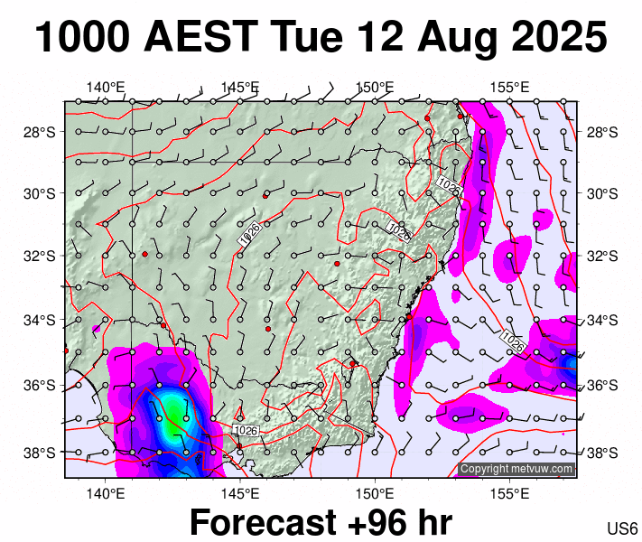 New South Wales forecast chart for Tuesday, August 12th, 2025 at 12:00 AM