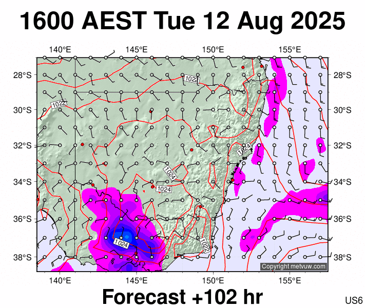 New South Wales forecast chart for Tuesday, August 12th, 2025 at 6:00 AM