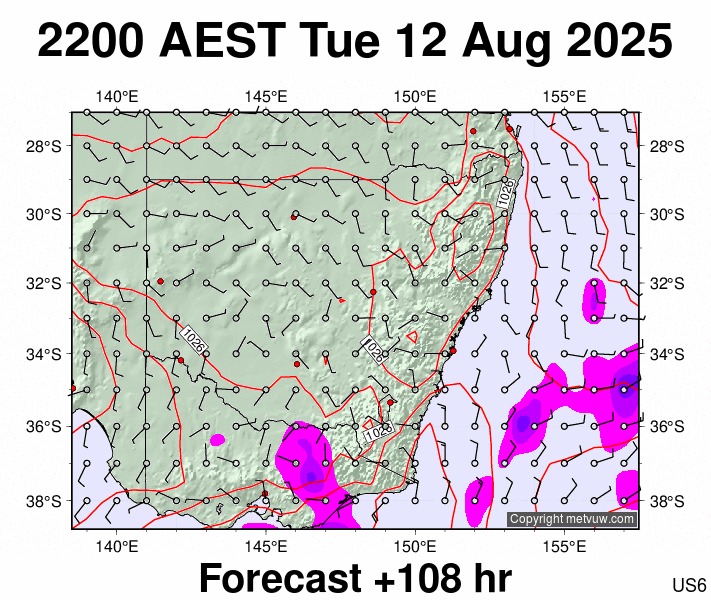 New South Wales forecast chart for Tuesday, August 12th, 2025 at 12:00 PM