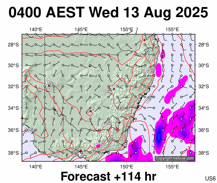 New South Wales forecast chart for Tuesday, August 12th, 2025 at 6:00 PM