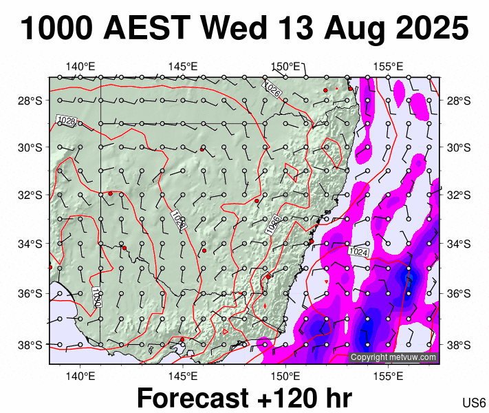 New South Wales forecast chart for Wednesday, August 13th, 2025 at 12:00 AM