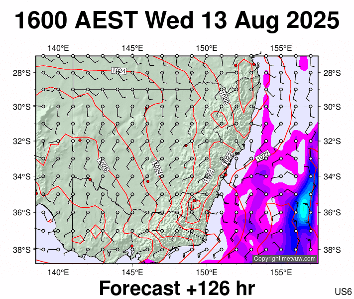 New South Wales forecast chart for Wednesday, August 13th, 2025 at 6:00 AM