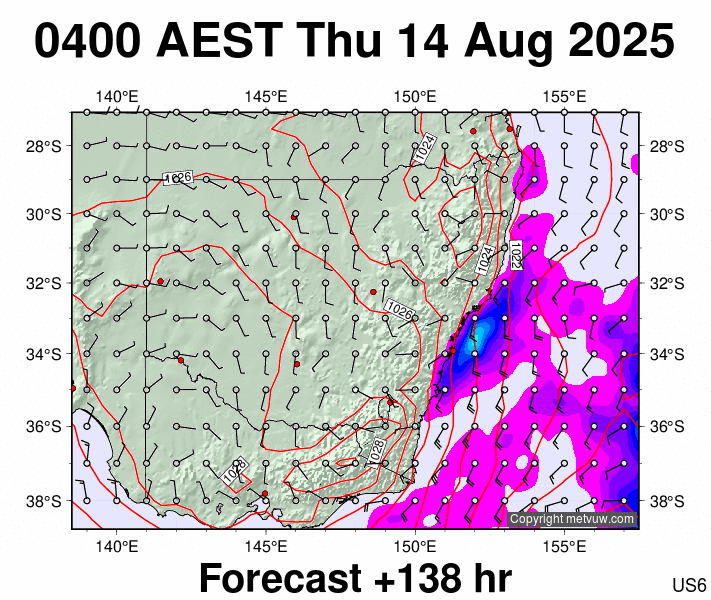 New South Wales forecast chart for Wednesday, August 13th, 2025 at 6:00 PM