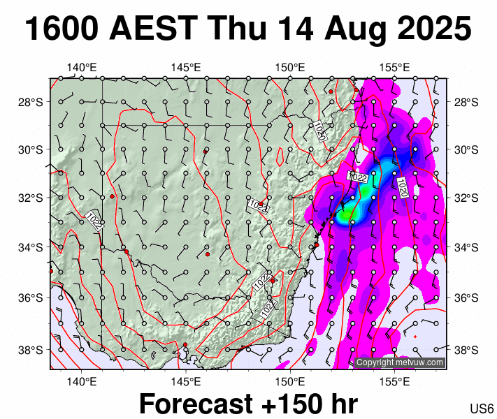 New South Wales forecast chart for Thursday, August 14th, 2025 at 6:00 AM