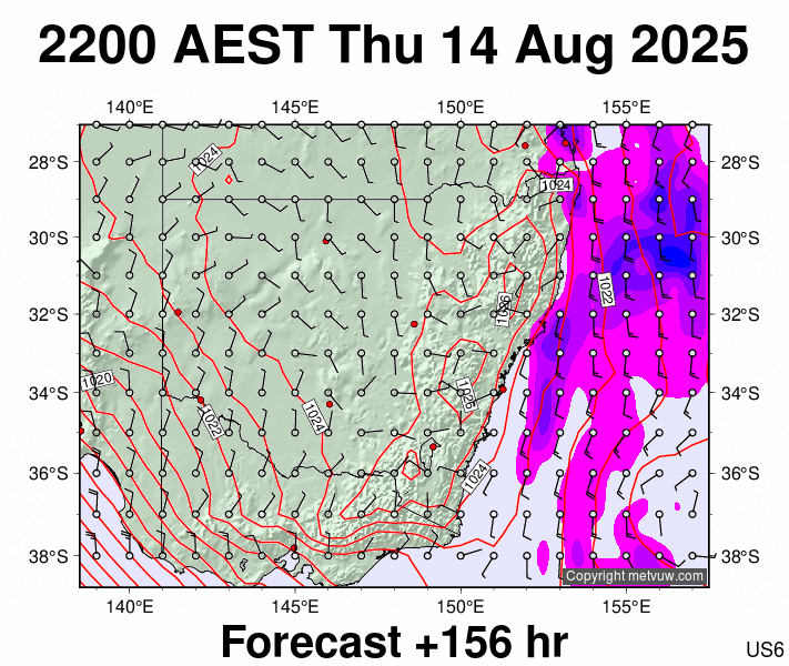 New South Wales forecast chart for Thursday, August 14th, 2025 at 12:00 PM