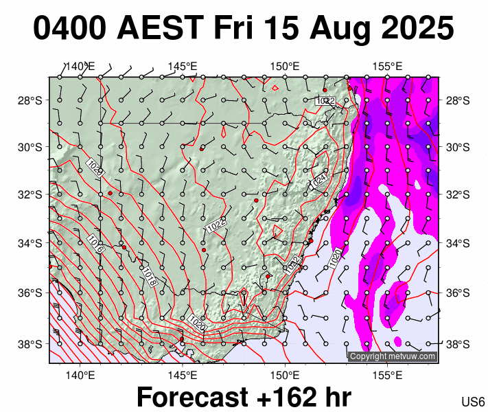 New South Wales forecast chart for Thursday, August 14th, 2025 at 6:00 PM