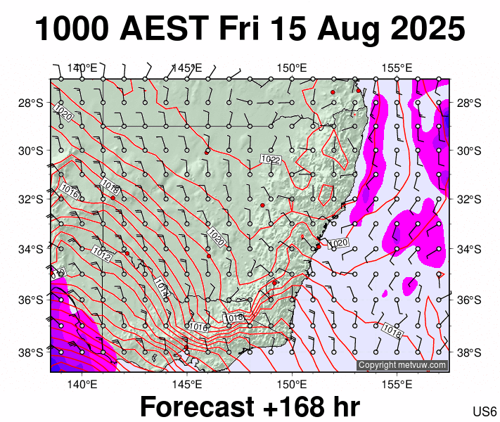 New South Wales forecast chart for Friday, August 15th, 2025 at 12:00 AM