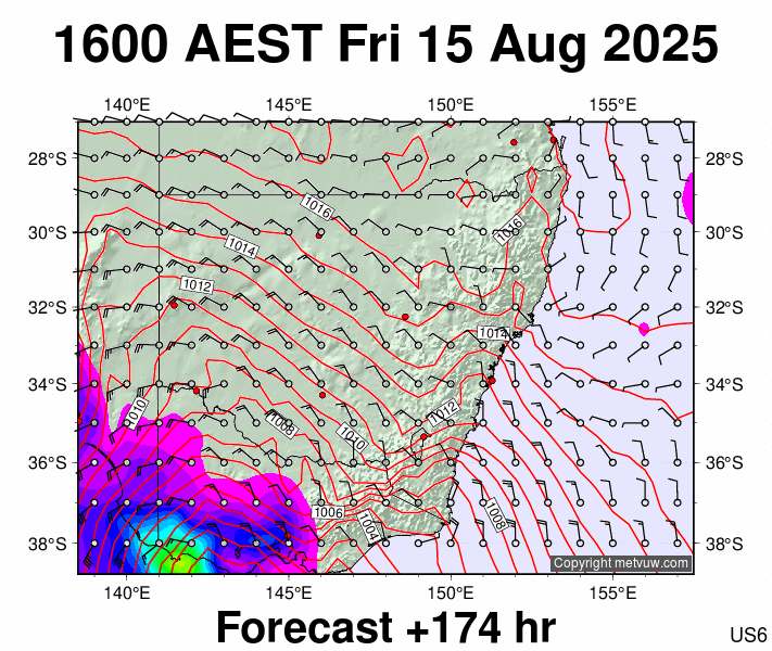 New South Wales forecast chart for Friday, August 15th, 2025 at 6:00 AM