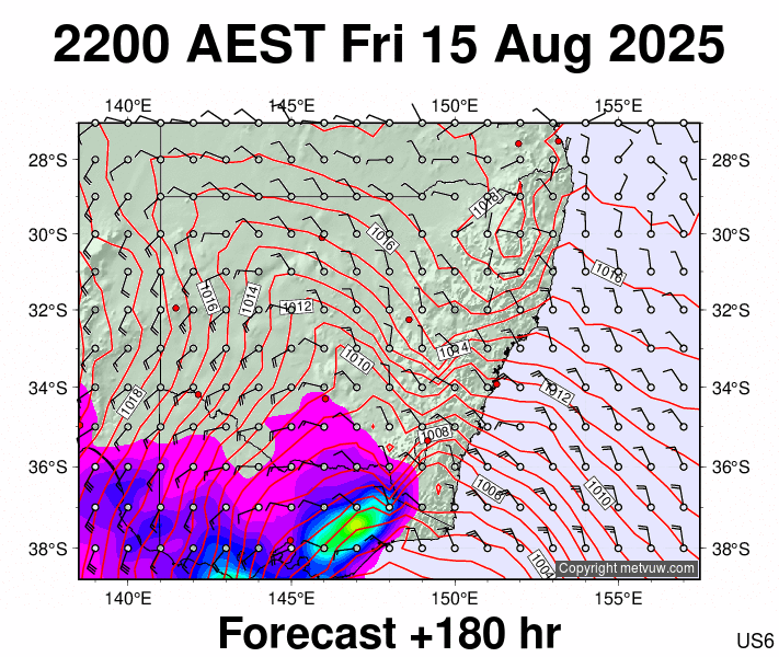 New South Wales forecast chart for Friday, August 15th, 2025 at 12:00 PM