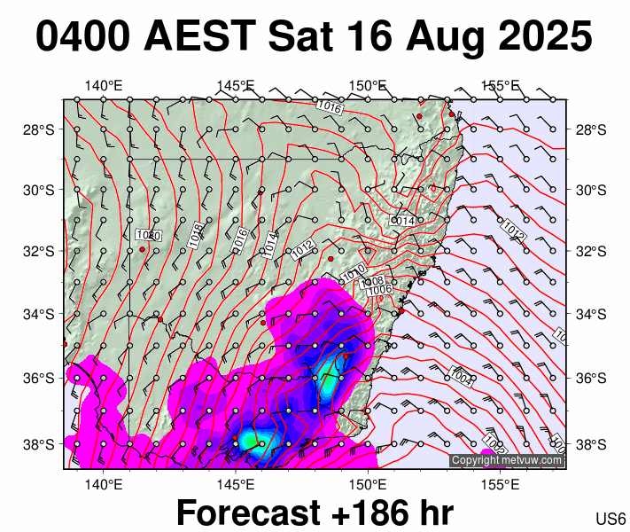 New South Wales forecast chart for Friday, August 15th, 2025 at 6:00 PM
